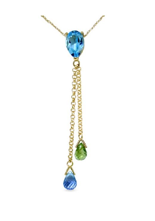 Image 1 of Blue Topaz Green Peridot Pear Briolette Double Drop 14K Yellow Gold Pendant