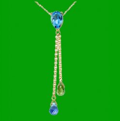 Blue Topaz Green Peridot Pear Briolette Double Drop 14K Yellow Gold Pendant