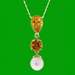 Citrine Pear Round White Pearl Drop 14K Yellow Gold Pendant