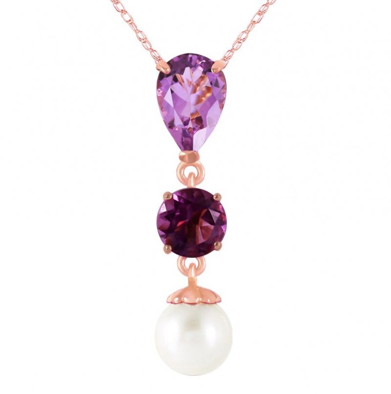 Image 1 of Purple Amethyst Pear Round White Pearl Drop 14K Rose Gold Pendant