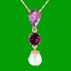 Purple Amethyst Pear Round White Pearl Drop 14K Rose Gold Pendant