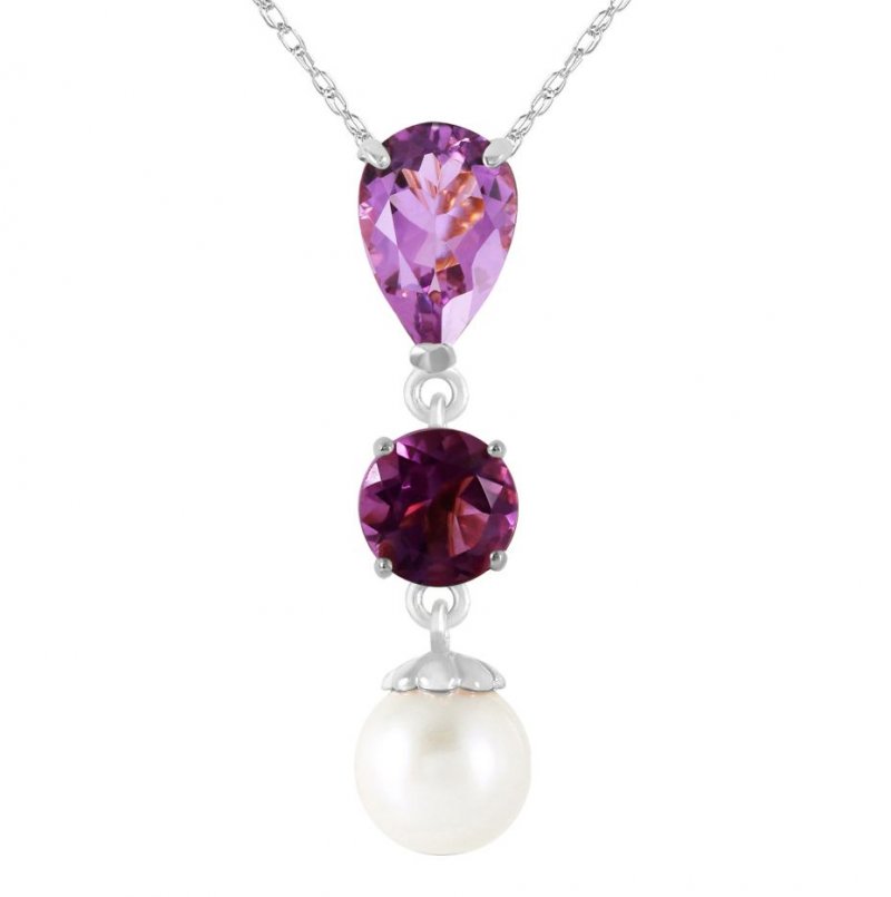 Image 1 of Purple Amethyst Pear Round White Pearl Drop 14K White Gold Pendant