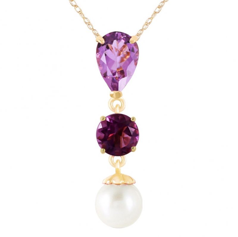 Image 1 of Purple Amethyst Pear Round White Pearl Drop 14K Yellow Gold Pendant