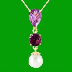 Purple Amethyst Pear Round White Pearl Drop 14K Yellow Gold Pendant