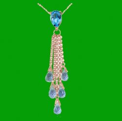 Blue Topaz Pear Briolette Cascade Long Drop 14K Rose Gold Pendant