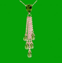 Green Peridot Pear Briolette Cascade Long Drop 14K Rose Gold Pendant