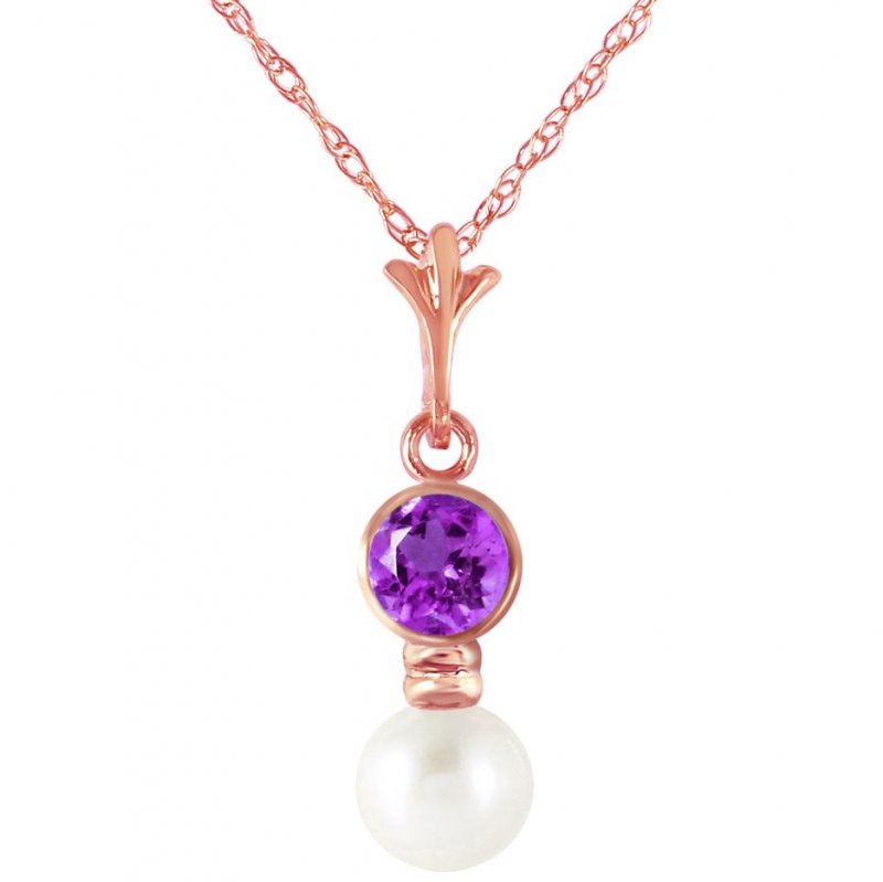 Image 1 of Purple Amethyst Round White Pearl Drop 14K Rose Gold Pendant