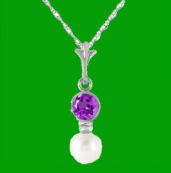 Purple Amethyst Round White Pearl Drop 14K White Gold Pendant