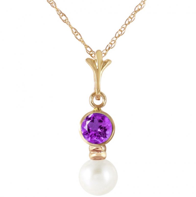 Image 1 of Purple Amethyst Round White Pearl Drop 14K Yellow Gold Pendant