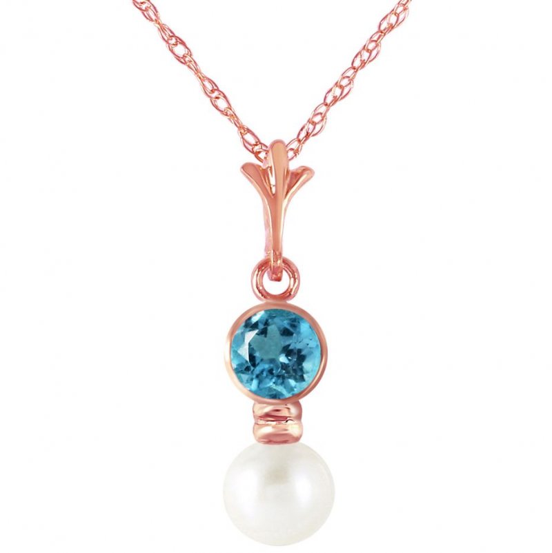 Image 1 of Blue Topaz Round White Pearl Drop 14K Rose Gold Pendant