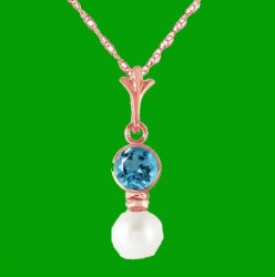 Blue Topaz Round White Pearl Drop 14K Rose Gold Pendant