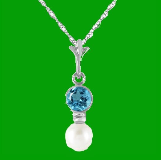 Image 0 of Blue Topaz Round White Pearl Drop 14K White Gold Pendant