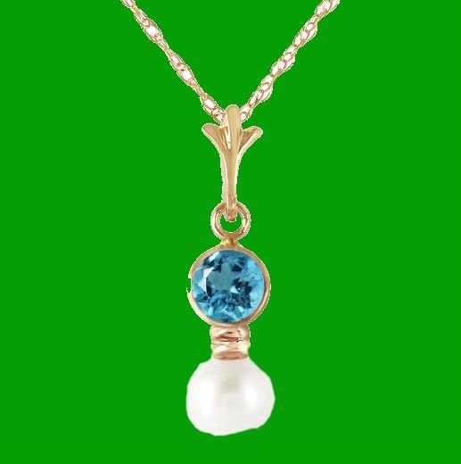 Image 0 of Blue Topaz Round White Pearl Drop 14K Yellow Gold Pendant