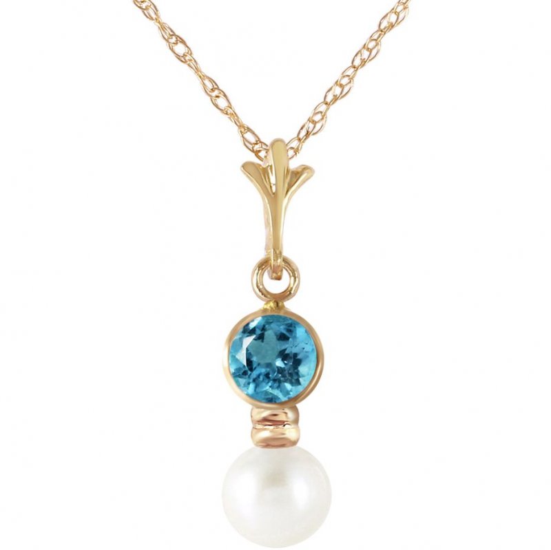 Image 1 of Blue Topaz Round White Pearl Drop 14K Yellow Gold Pendant
