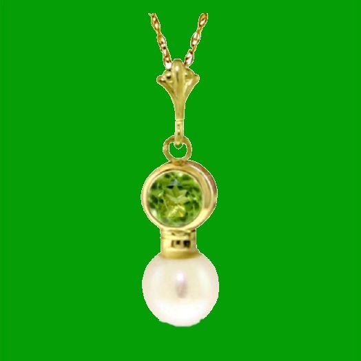 Image 0 of Green Peridot Round White Pearl Drop 14K Yellow Gold Pendant