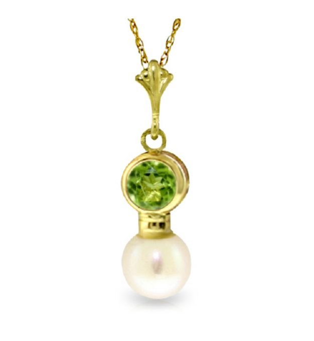 Image 1 of Green Peridot Round White Pearl Drop 14K Yellow Gold Pendant