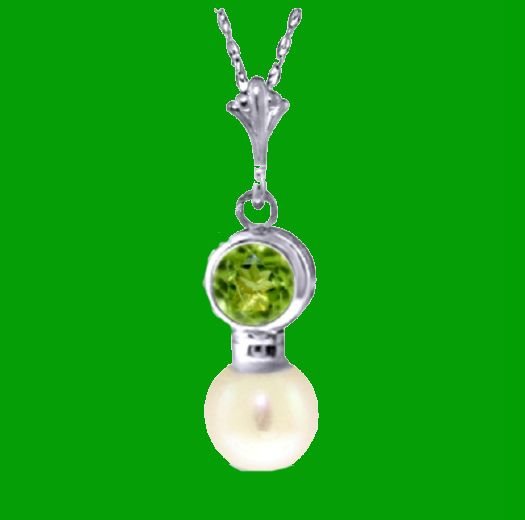 Image 0 of Green Peridot Round White Pearl Drop 14K White Gold Pendant