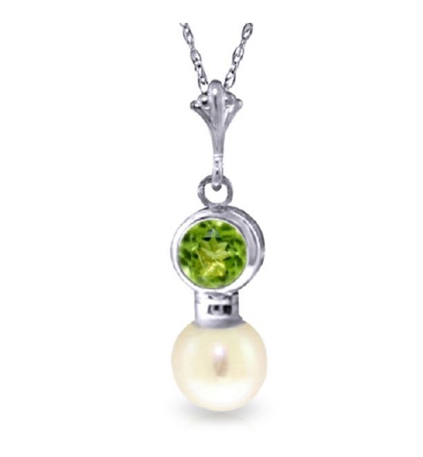 Image 1 of Green Peridot Round White Pearl Drop 14K White Gold Pendant