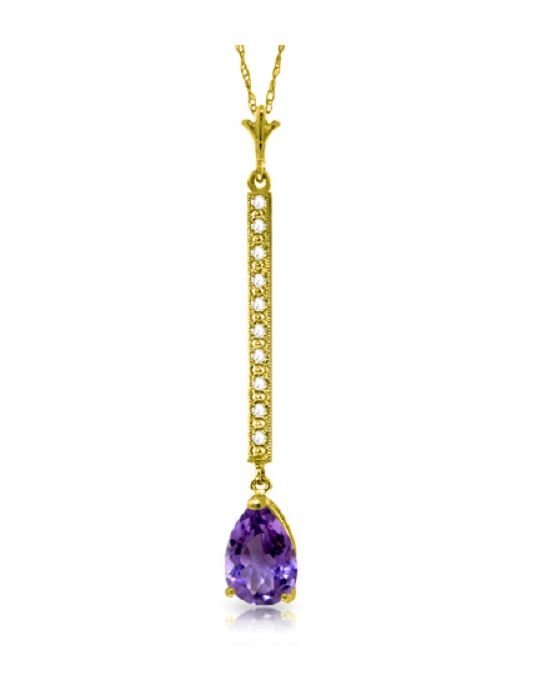 Image 1 of Purple Amethyst Pear Inlaid Diamond Long Drop 14K Yellow Gold Pendant