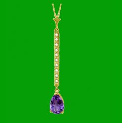 Purple Amethyst Pear Inlaid Diamond Long Drop 14K Yellow Gold Pendant