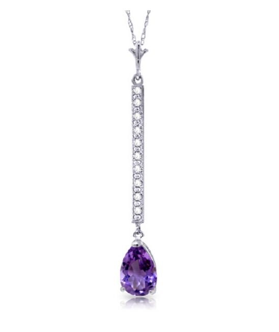 Image 1 of Purple Amethyst Pear Inlaid Diamond Long Drop 14K White Gold Pendant