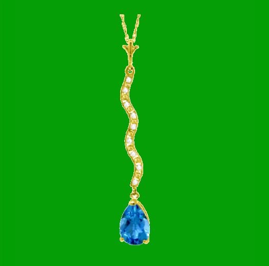 Image 0 of Blue Topaz Pear Inlaid Diamond Twist Long Drop 14K Yellow Gold Pendant