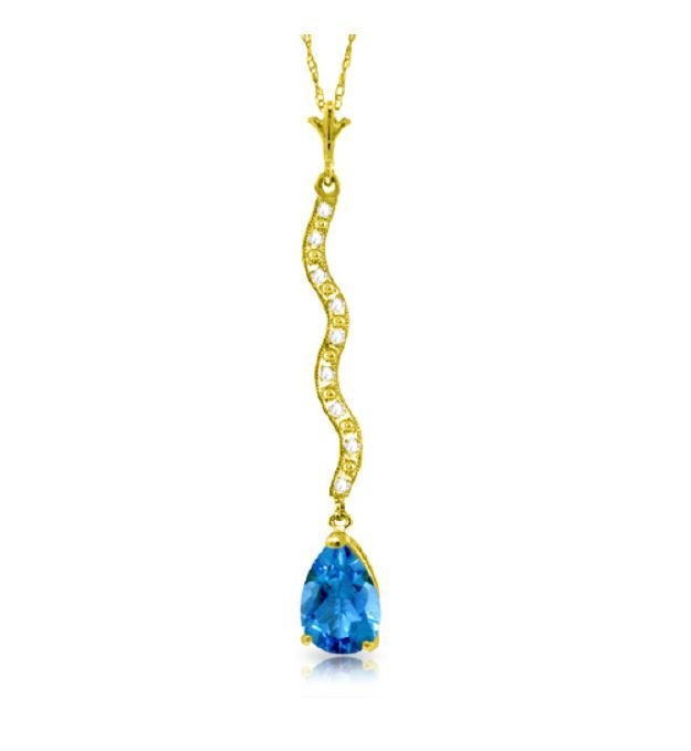 Image 1 of Blue Topaz Pear Inlaid Diamond Twist Long Drop 14K Yellow Gold Pendant