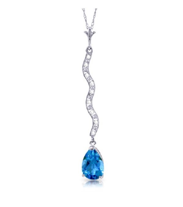 Image 1 of Blue Topaz Pear Inlaid Diamond Twist Long Drop 14K White Gold Pendant