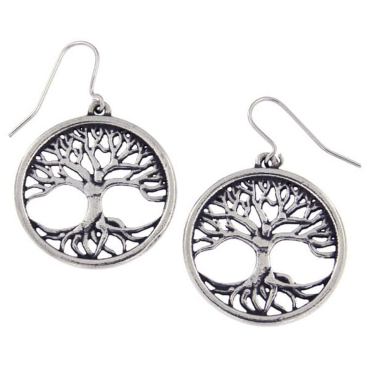Image 1 of Tree Of Life Round Small Sheppard Hook Stylish Pewter Earrings