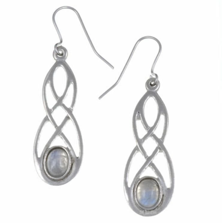 Image 1 of Celtic Bow Rainbow Moonstone Knotwork Stylish Pewter Sheppard Hook Earrings