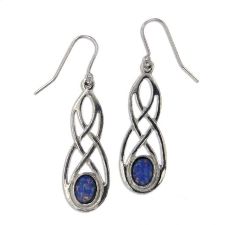 Image 1 of Celtic Bow Opal Glass Stone Knotwork Stylish Pewter Sheppard Hook Earrings