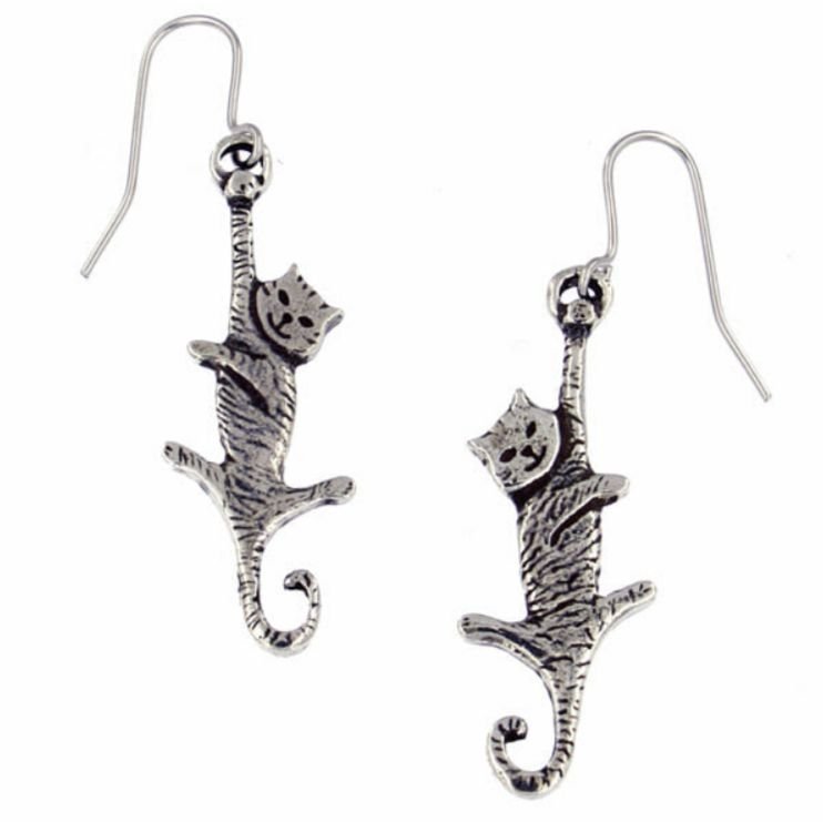 Image 1 of Dangling Cat Animal Themed Drop Sheppard Hook Stylish Pewter Earrings