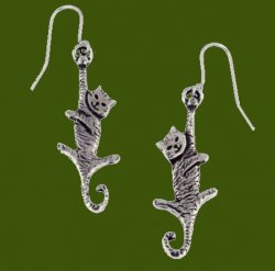 Dangling Cat Animal Themed Drop Sheppard Hook Stylish Pewter Earrings