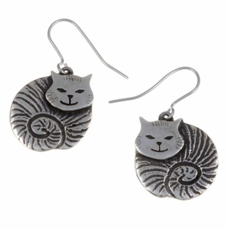 Image 1 of Fat Cat Animal Themed Sheppard Hook Stylish Pewter Earrings