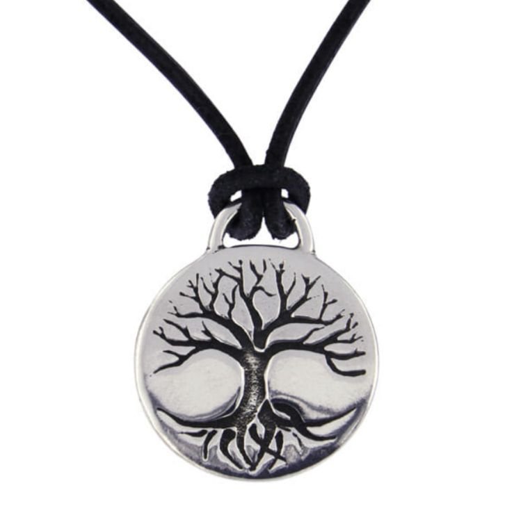 Image 1 of Tree Of Life Round Disc Smooth Wax Cord Stylish Pewter Pendant