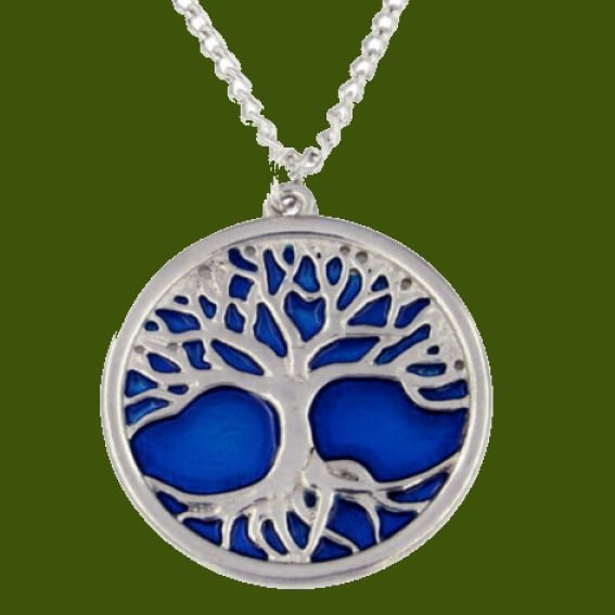 Image 0 of Tree Of Life Blue Enamel Background Round Stylish Pewter Pendant