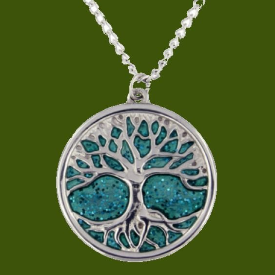 Image 0 of Tree Of Life Green Enamel Sparkle Background Round Stylish Pewter Pendant