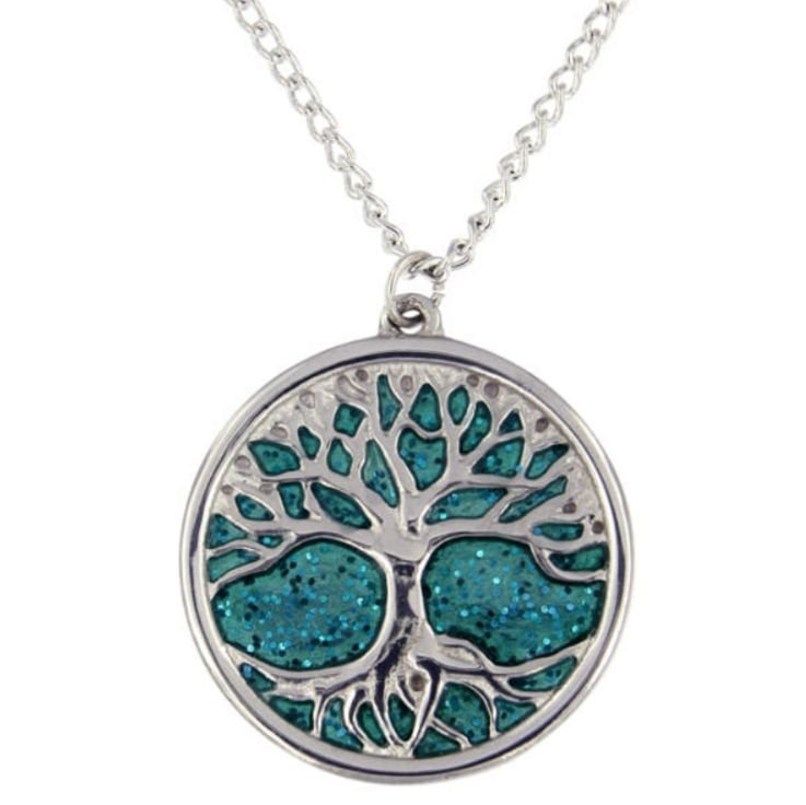 Image 1 of Tree Of Life Green Enamel Sparkle Background Round Stylish Pewter Pendant