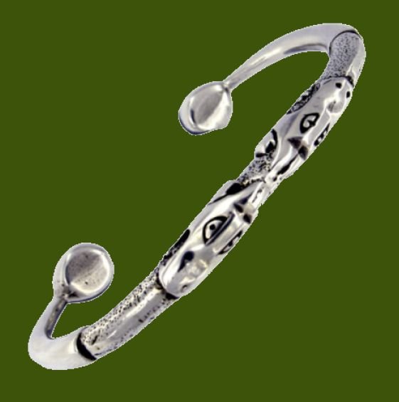 Image 2 of Double Dragon Head Beast Torc Tapering Cuff Stylish Pewter Bangle