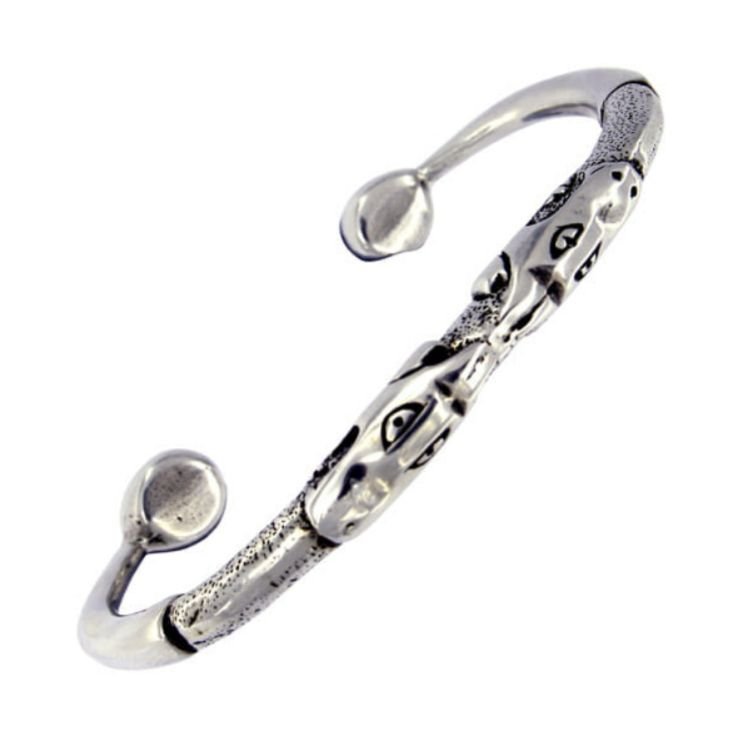 Image 3 of Double Dragon Head Beast Torc Tapering Cuff Stylish Pewter Bangle