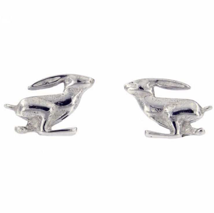 Image 1 of Running Hare Animal Themed Small Stud Stylish Pewter Earrings