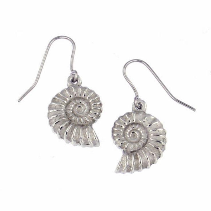 Image 1 of Ammonite Shell Drop Sheppard Hook Stylish Pewter Earrings