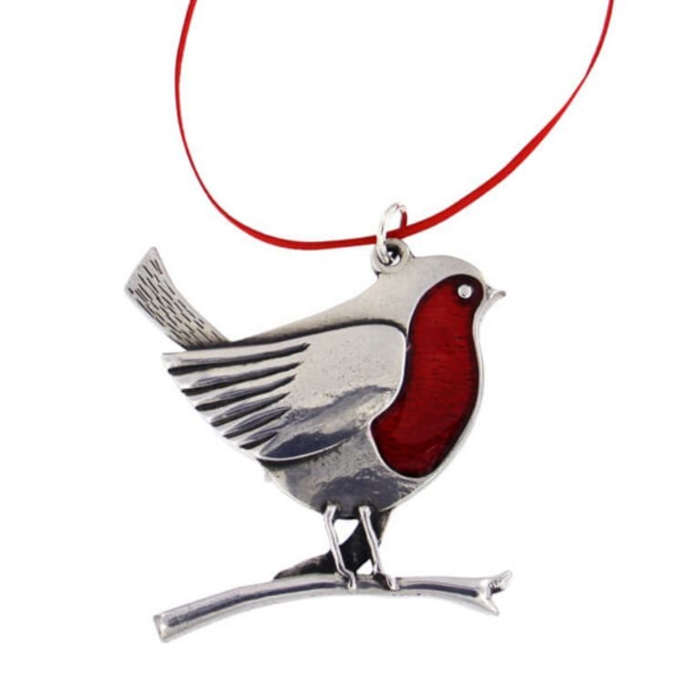 Image 1 of Robin On Branch Red Enamel Stylish Pewter Tree Ornament Decoration