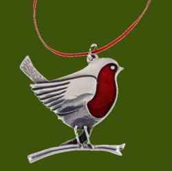 Robin On Branch Red Enamel Stylish Pewter Tree Ornament Decoration