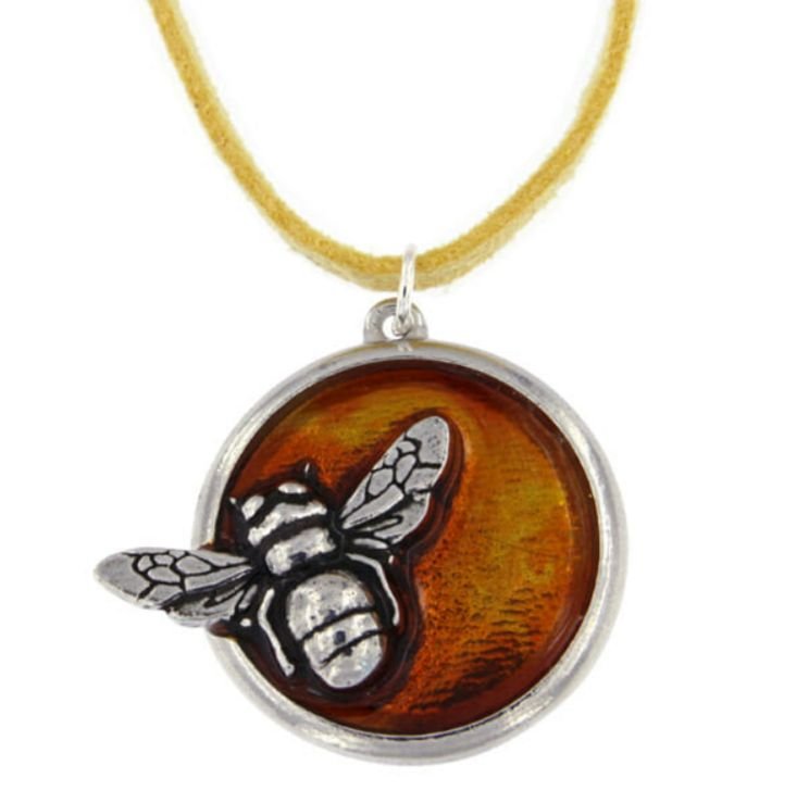 Image 1 of Honey Bee Enamel Round Stylish Pewter Yellow Suede Cord Pendant