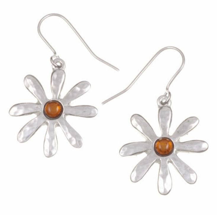 Image 1 of Dahlia Flower Amber Stylish Pewter Sheppard Hook Earrings