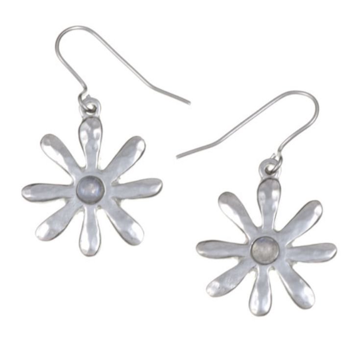 Image 1 of Dahlia Flower Rainbow Moonstone Stylish Pewter Sheppard Hook Earrings