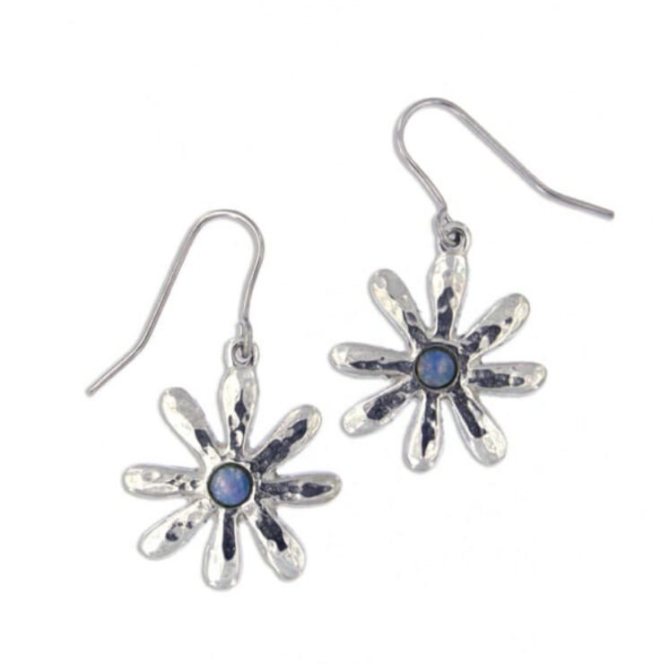 Image 1 of Dahlia Flower Opal Glass Stone Stylish Pewter Sheppard Hook Earrings