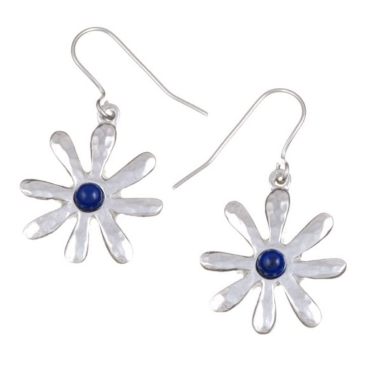 Image 1 of Dahlia Flower Lapis Lazuli Stylish Pewter Sheppard Hook Earrings