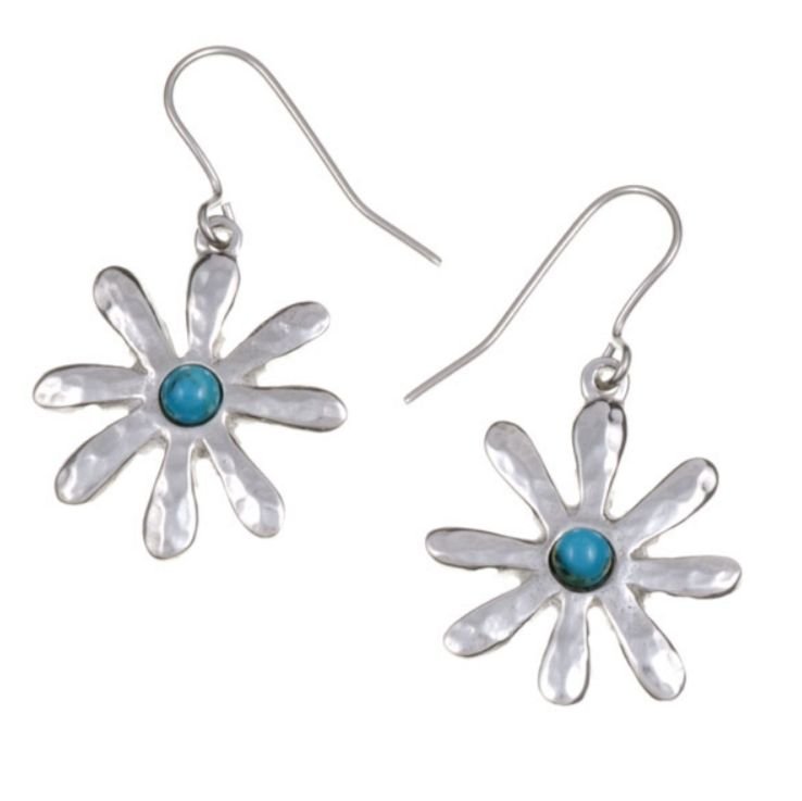 Image 1 of Dahlia Flower Turquoise Stylish Pewter Sheppard Hook Earrings